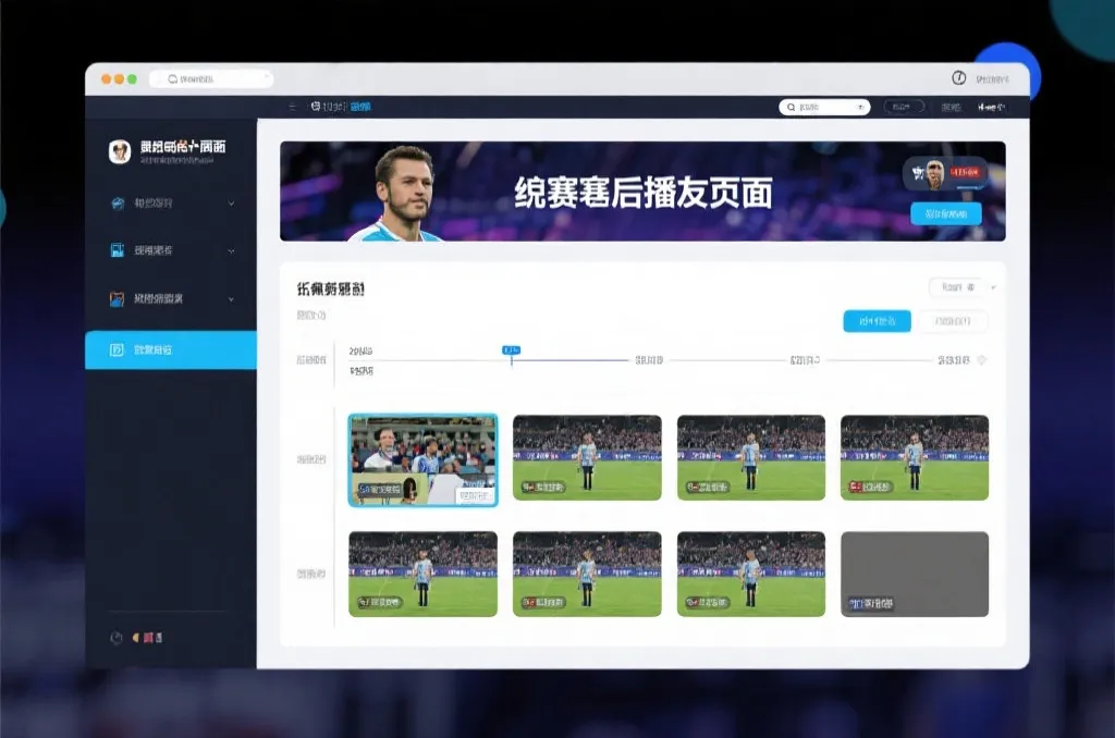 比赛结束后，电视屏幕展示集锦回放页面，旁边有时间轴和多角度切换提示